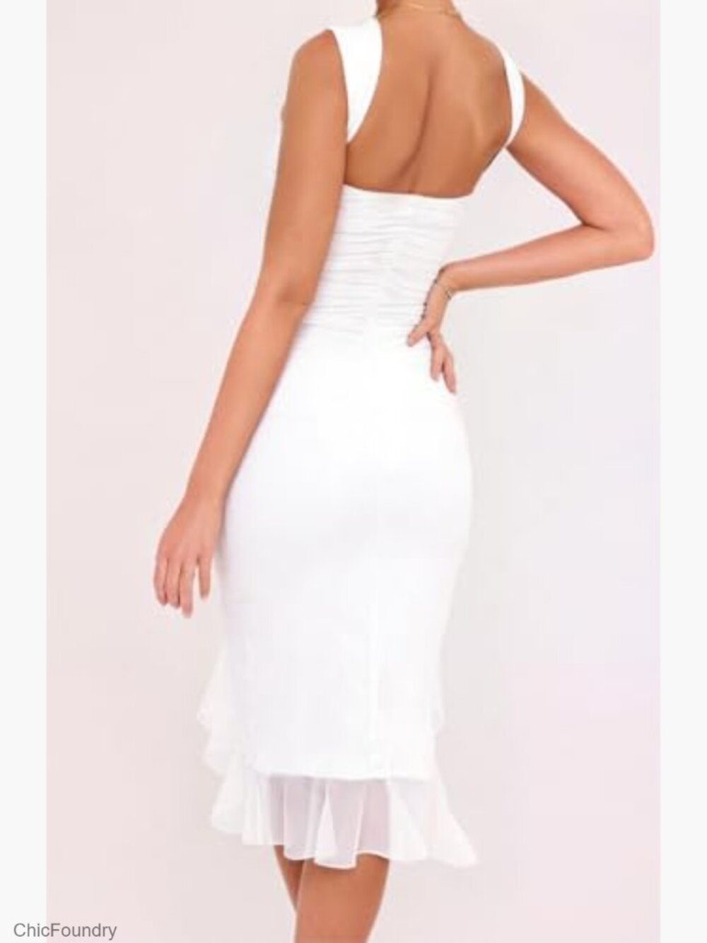 Sleeveless Ruched Bodycon Midi Dress with Asymmetrical Ruffle Hem - Picture 4 of 7